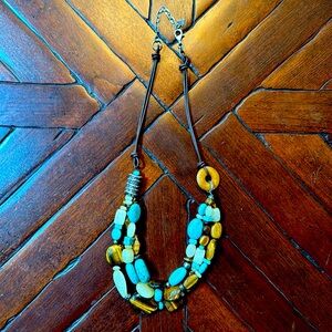 Slipada Sterling Silver, Turquoise & Tigers Eye, Brown Leather Necklace N2858